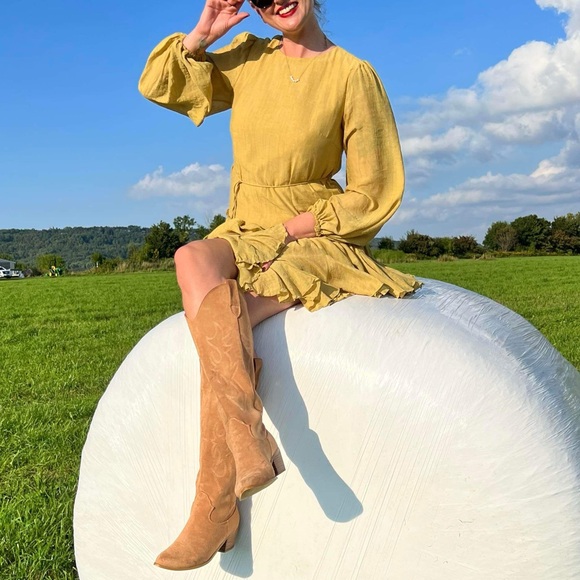 Hello Molly Medium Once In a Blue Moon Mini Dress with Long Sleeves Mustard - Picture 7 of 10